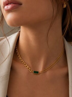 18K Gold Plated Emerald Green Pendant Cuban Chain Necklace